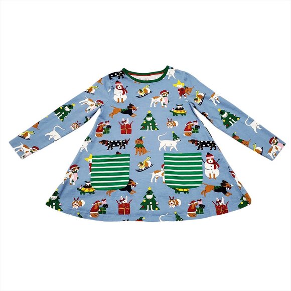 Mini Boden Girls Printed Jersey Tunic Dress Festive Pets 7-8Y Cotton Poc… - Picture 1 of 11